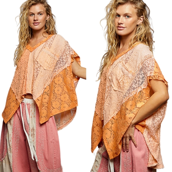 POL Lace Patchwork Asymmetrical Drape Shirt Oversized V-Neck Exposed Seam Top - Picture 11 of 12